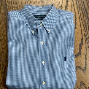 Ralph Lauren Mens Long Sleeve Button Down Dress Shirt Blue and White